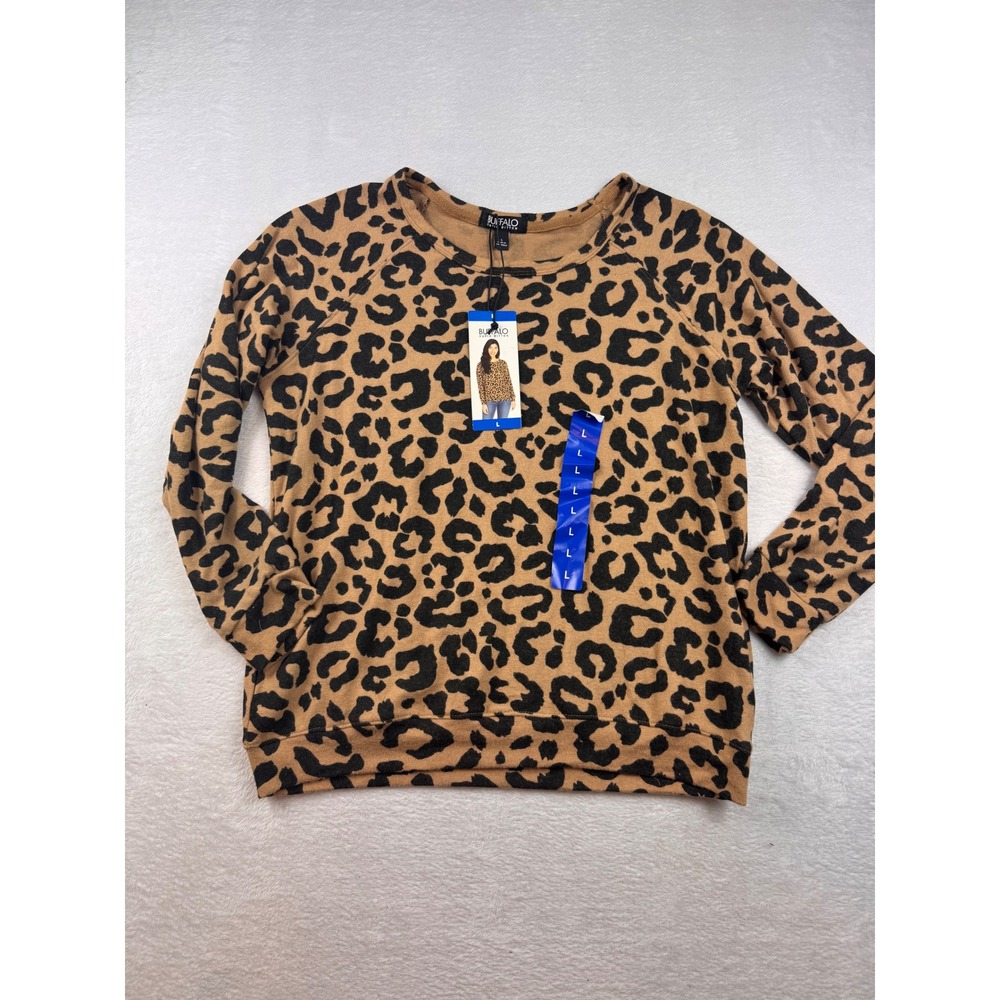 Buffalo David Bitton Womens Leopard Print Raglan Sleeve Top Brown Large NWT